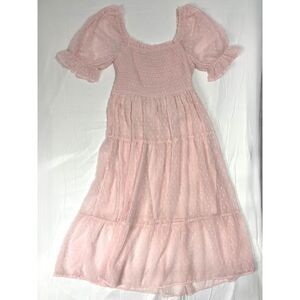Merokeety Pink Lace Swiss Dot Tie Midi Dress Coquette Fairycore  M